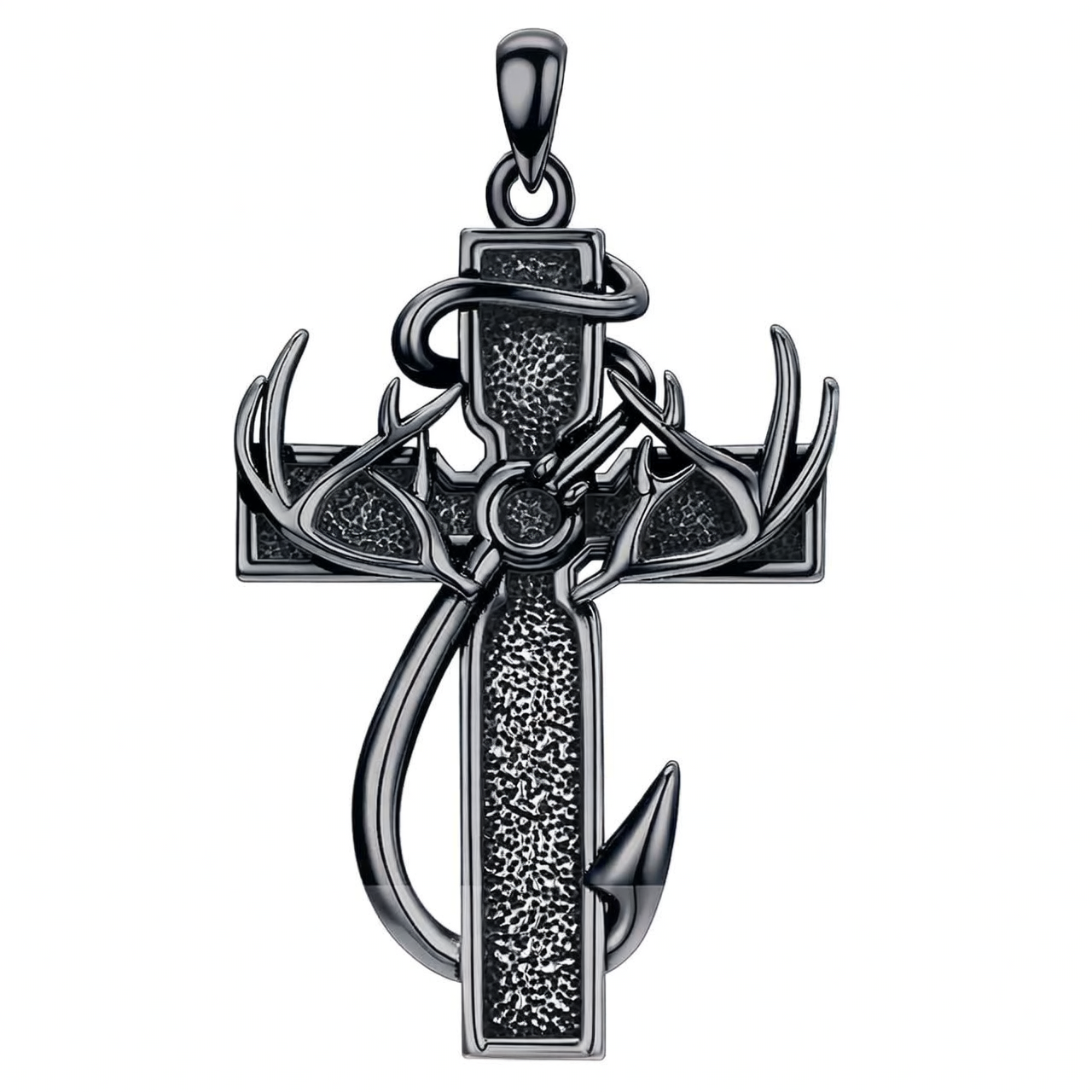 925 Silver Black Enamel Deer Antlers Cross Necklace Men