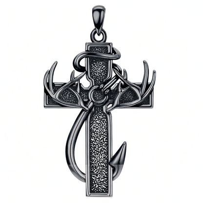 925 Silver Black Enamel Deer Antlers Cross Necklace Men