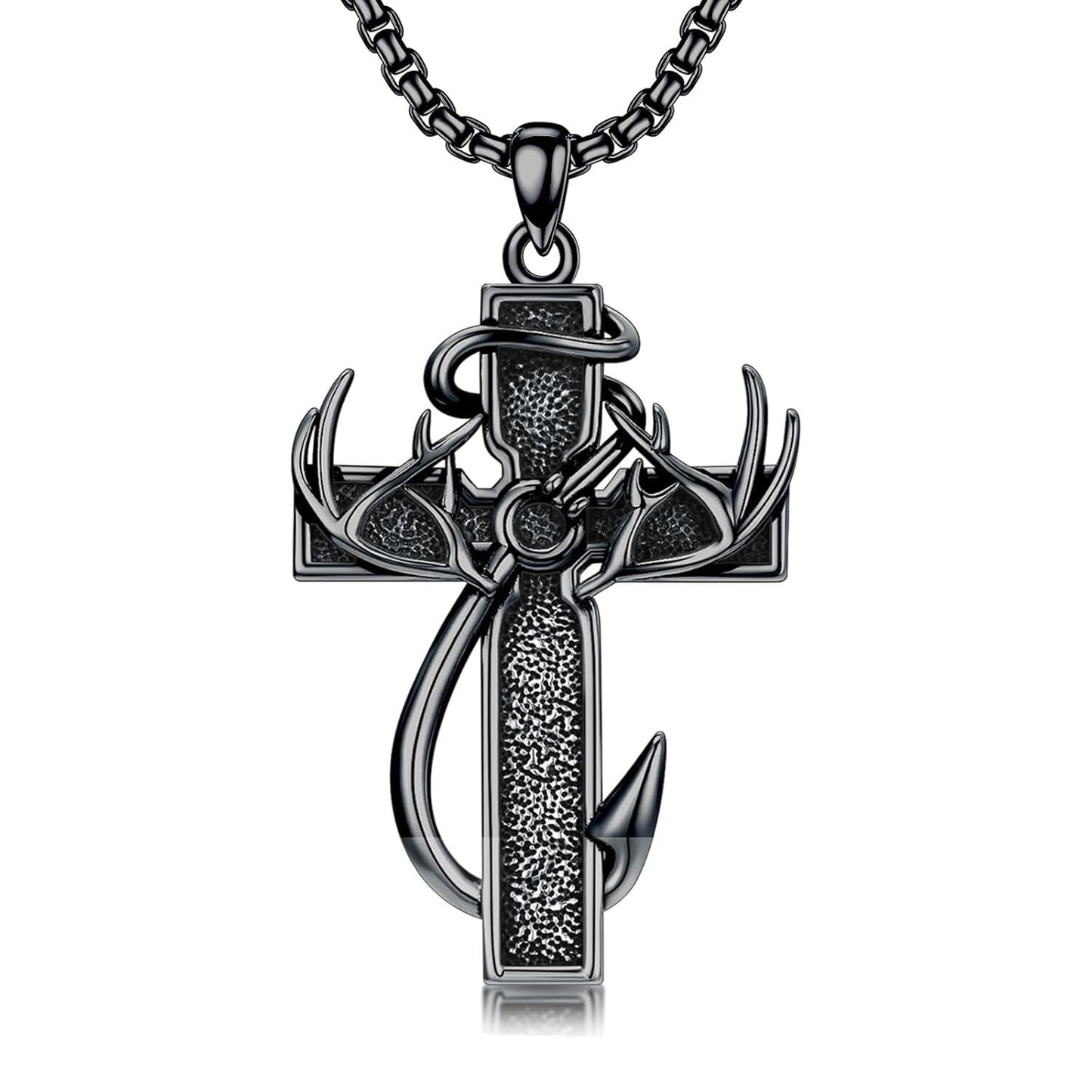 925 Silver Black Enamel Deer Antlers Cross Necklace Men