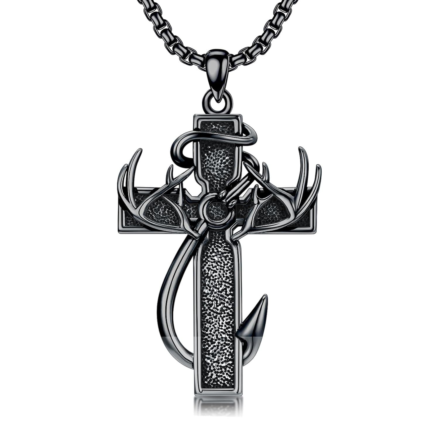 925 Silver Black Enamel Deer Antlers Cross Necklace Men