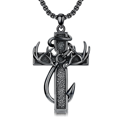 925 Silver Black Enamel Deer Antlers Cross Necklace Men