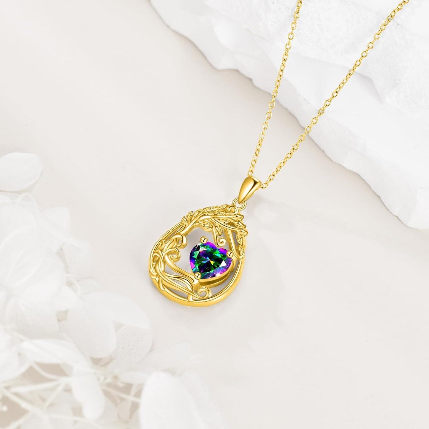 925 Silver Gold Plated Gemstone Tree Life Pendant Necklace