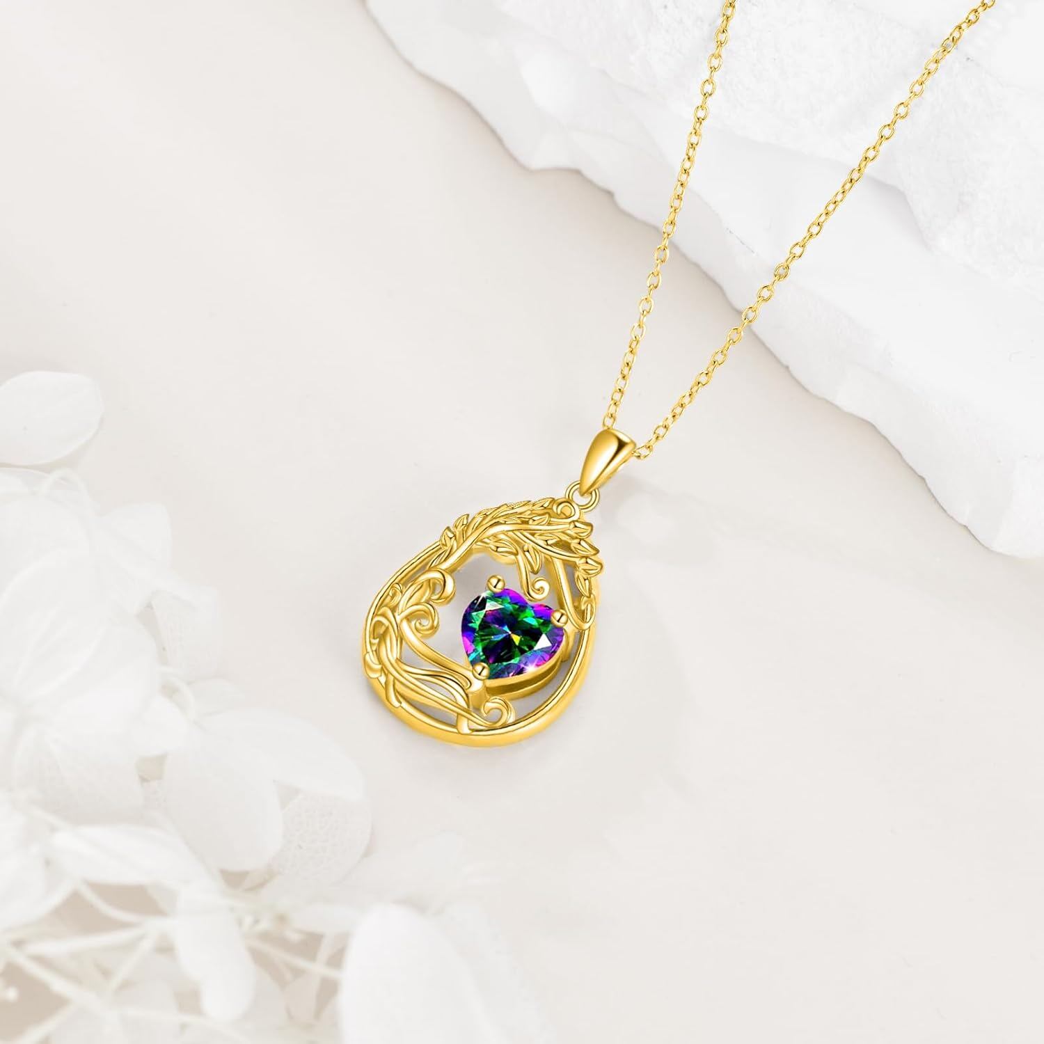925 Silver Gold Plated Gemstone Tree Life Pendant Necklace