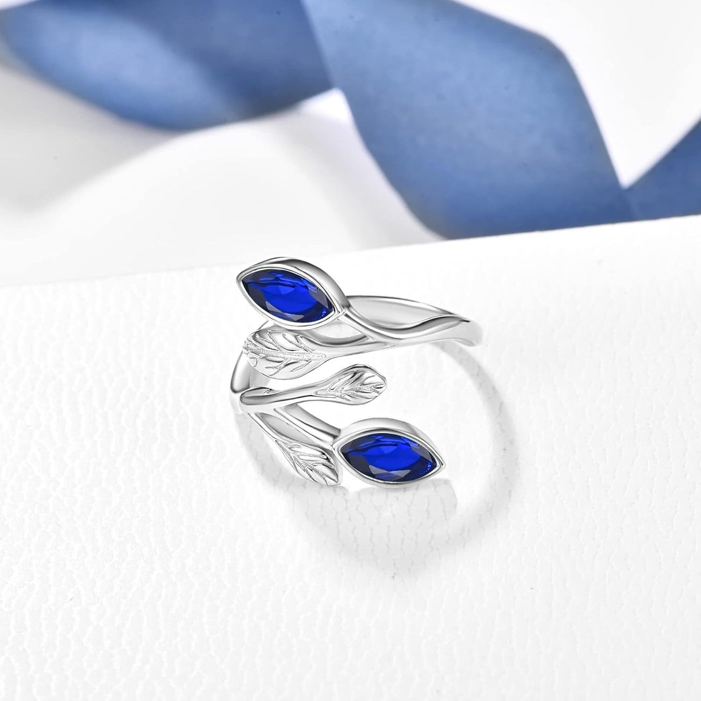 925 Sterling Silver Leaf Ring with Birthstone Adjustable Wrap Promise Engagement Wedding Rings for Women