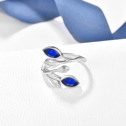 925 Sterling Silver Leaf Ring with Birthstone Adjustable Wrap Promise Engagement Wedding Rings for Women