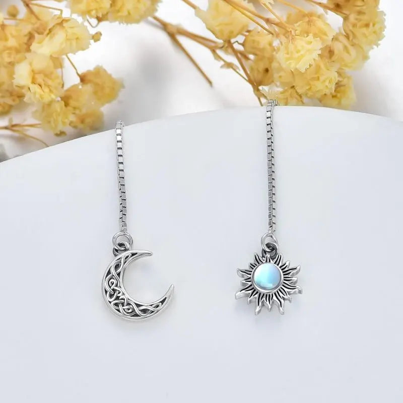 925 Sterling Silver Moon & Sun Threader Earrings for Women Long Chain Hypoallergenic Dangle Earrings with Tassel Design