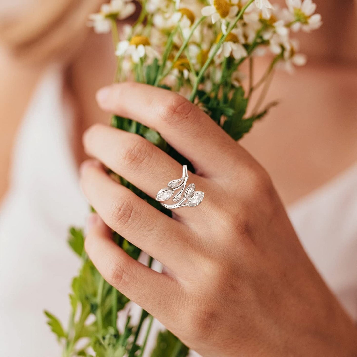 925 Sterling Silver Leaf Ring with Birthstone Adjustable Wrap Promise Engagement Wedding Rings for Women
