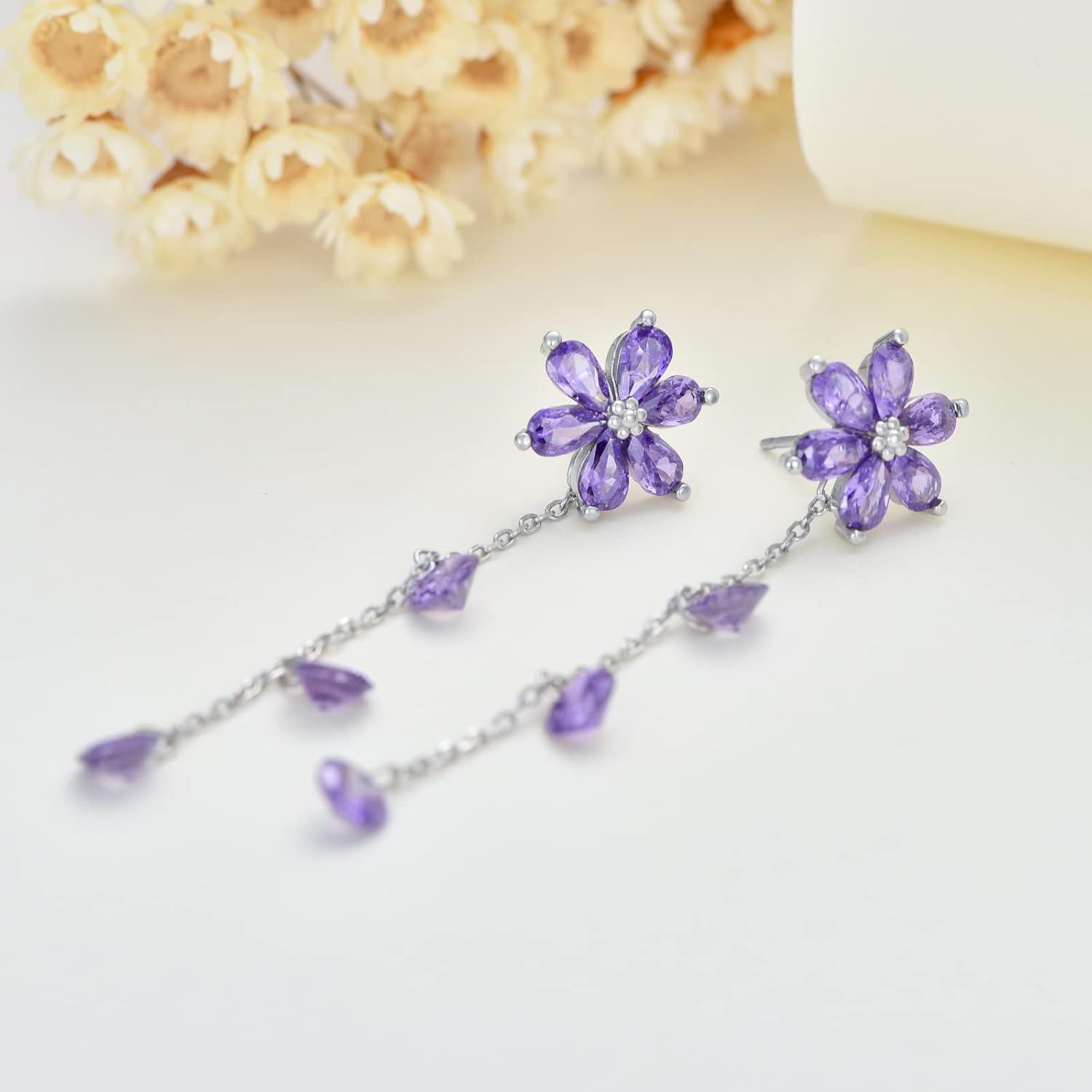 925 Silver Cubic Zirconia Drop Earrings Pink Flowers