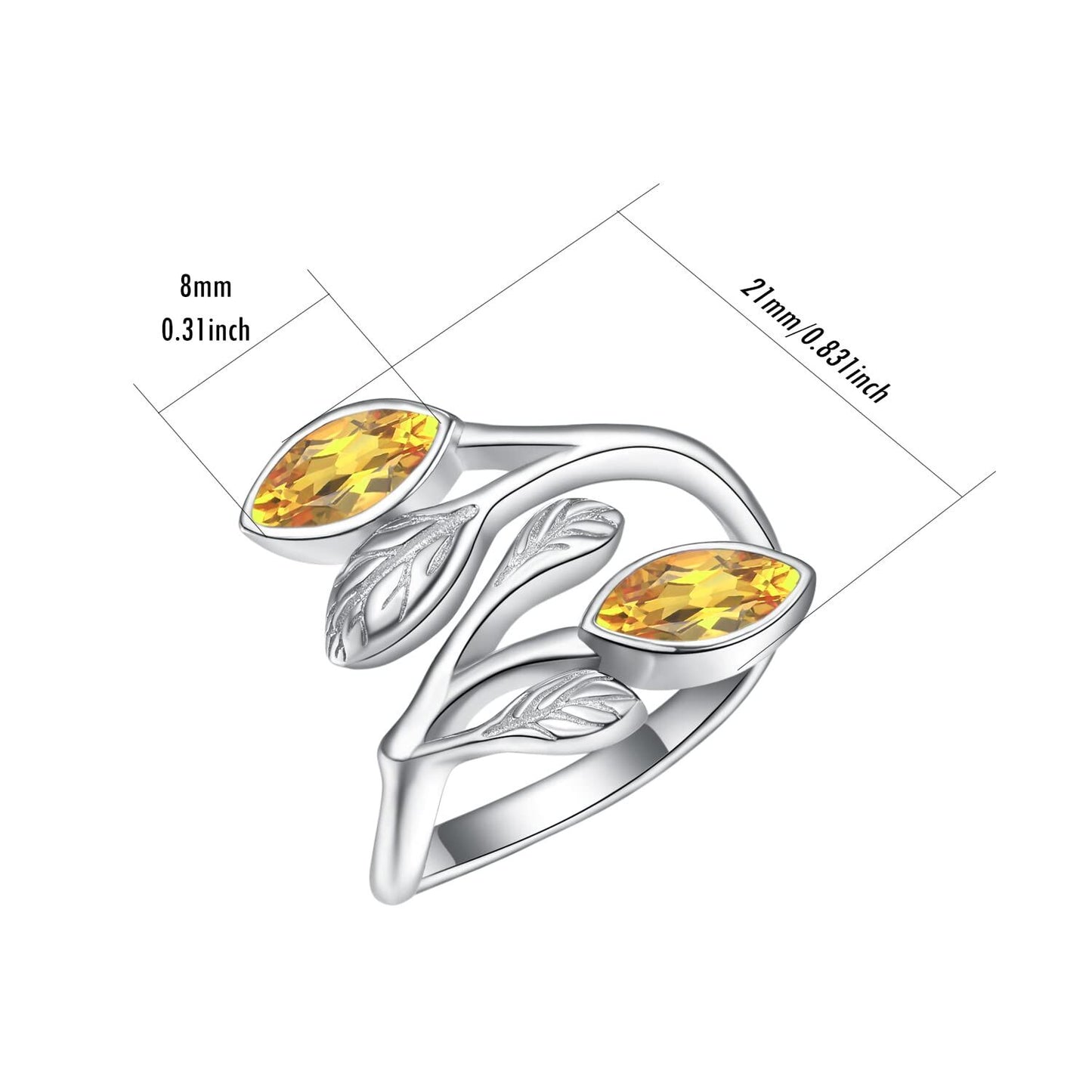 925 Sterling Silver Leaf Ring with Birthstone Adjustable Wrap Promise Engagement Wedding Rings for Women