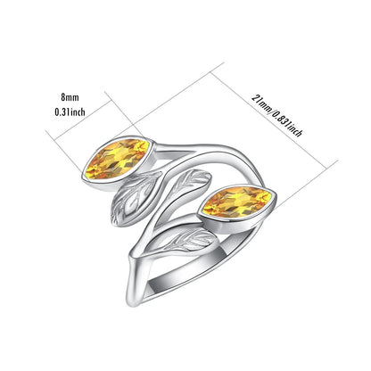 925 Sterling Silver Leaf Ring with Birthstone Adjustable Wrap Promise Engagement Wedding Rings for Women