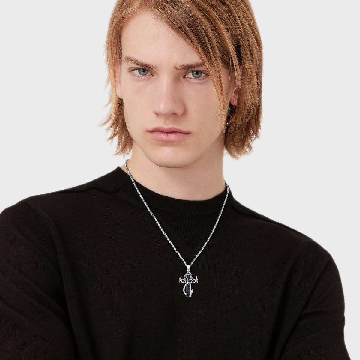 925 Silver Black Enamel Deer Antlers Cross Necklace Men