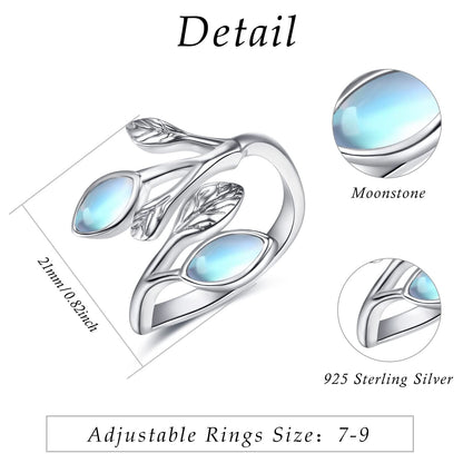 925 Sterling Silver Leaf Ring with Birthstone Adjustable Wrap Promise Engagement Wedding Rings for Women