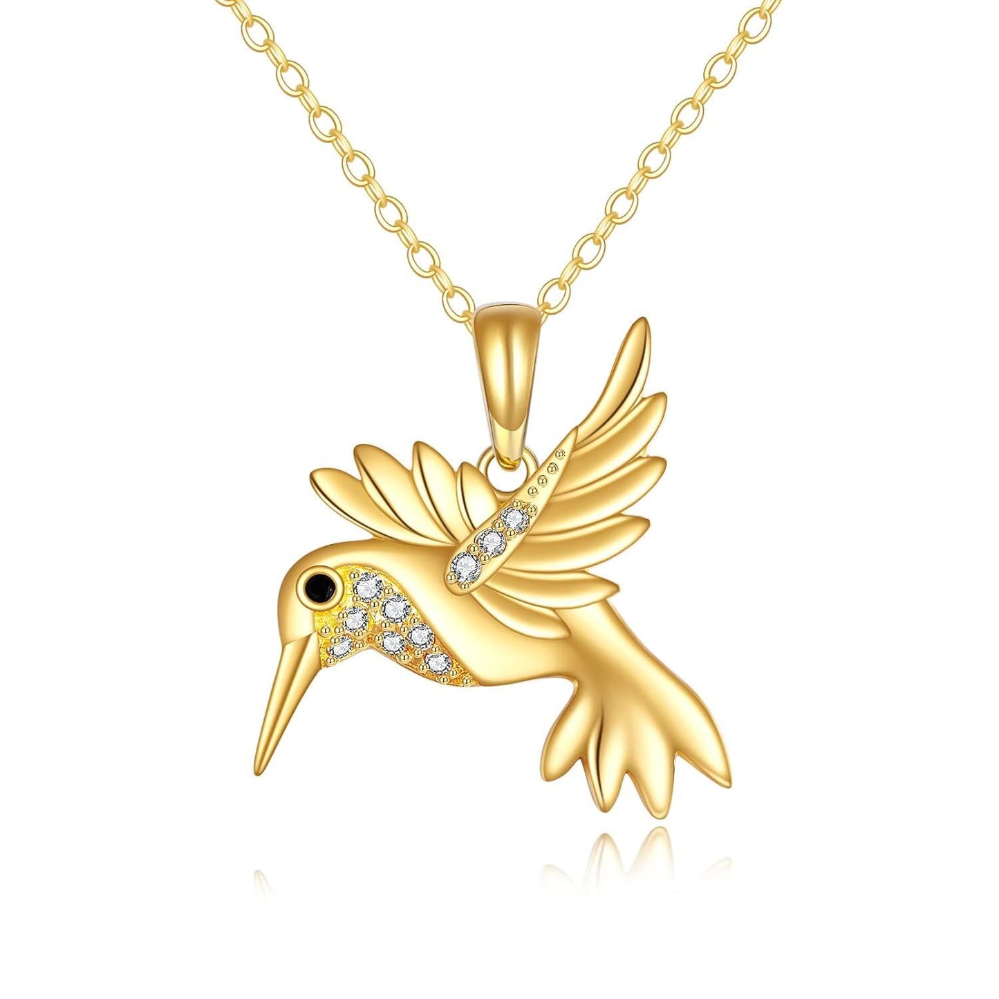 14K Gold Hummingbird Pendant Necklace CZ 18 Link Chain