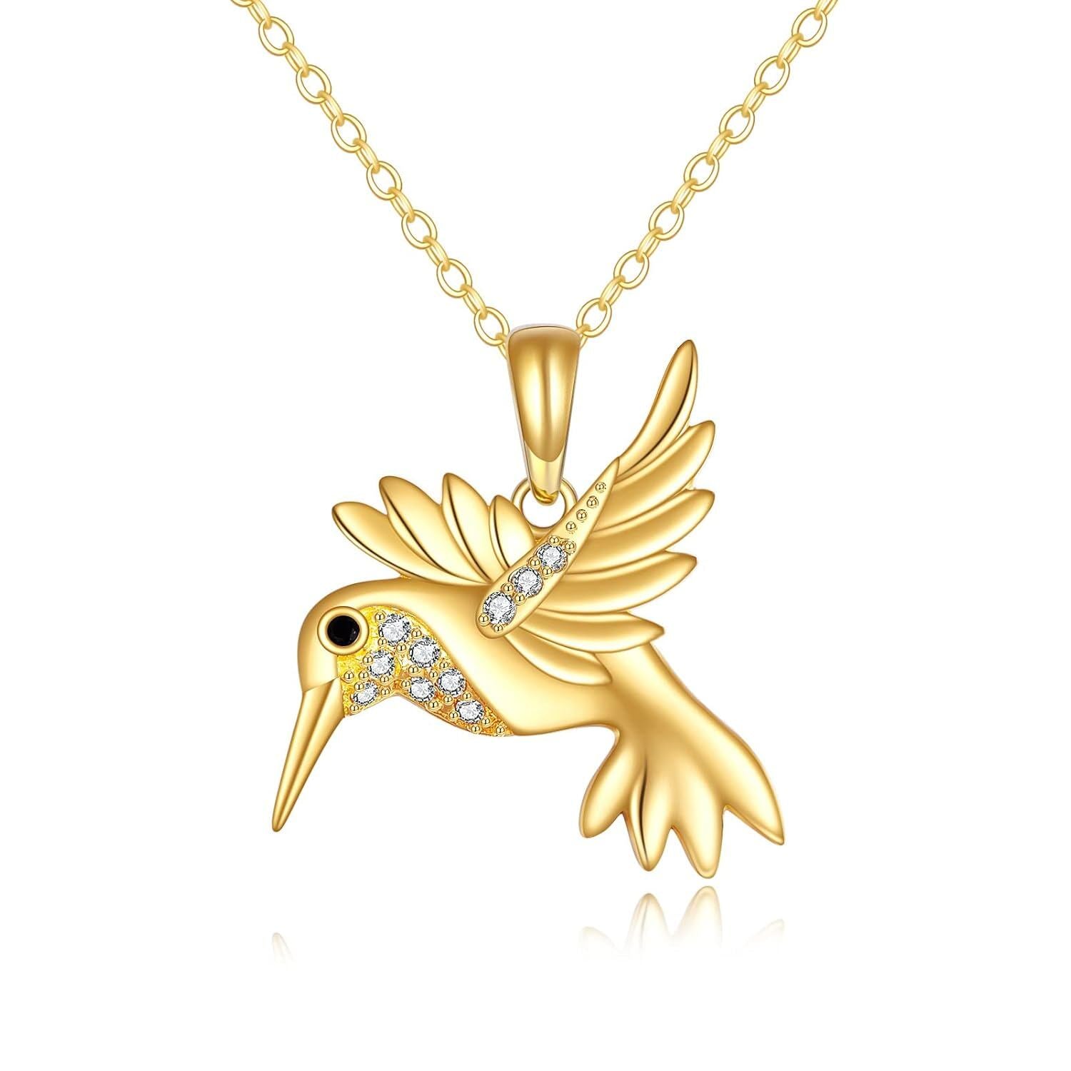 14K Gold Hummingbird Pendant Necklace CZ 18 Link Chain