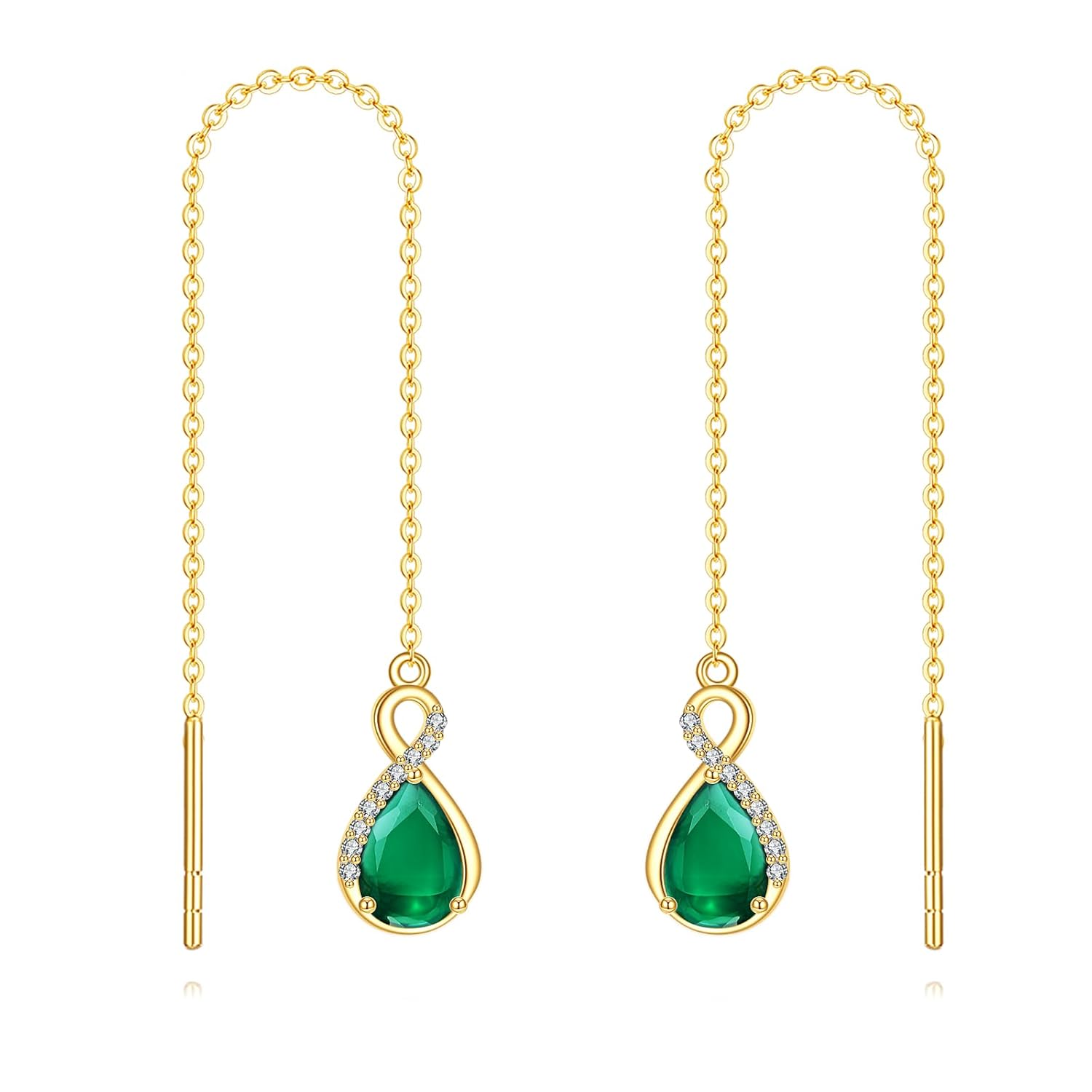 14K Gold Infinity Teardrop Emerald Threader Earrings Women