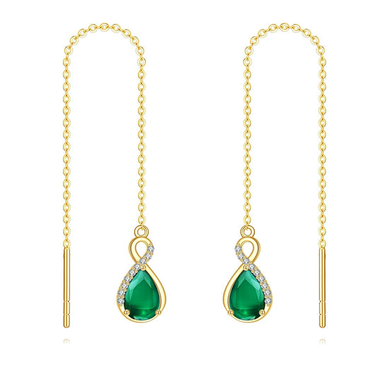 14K Gold Infinity Teardrop Emerald Threader Earrings Women