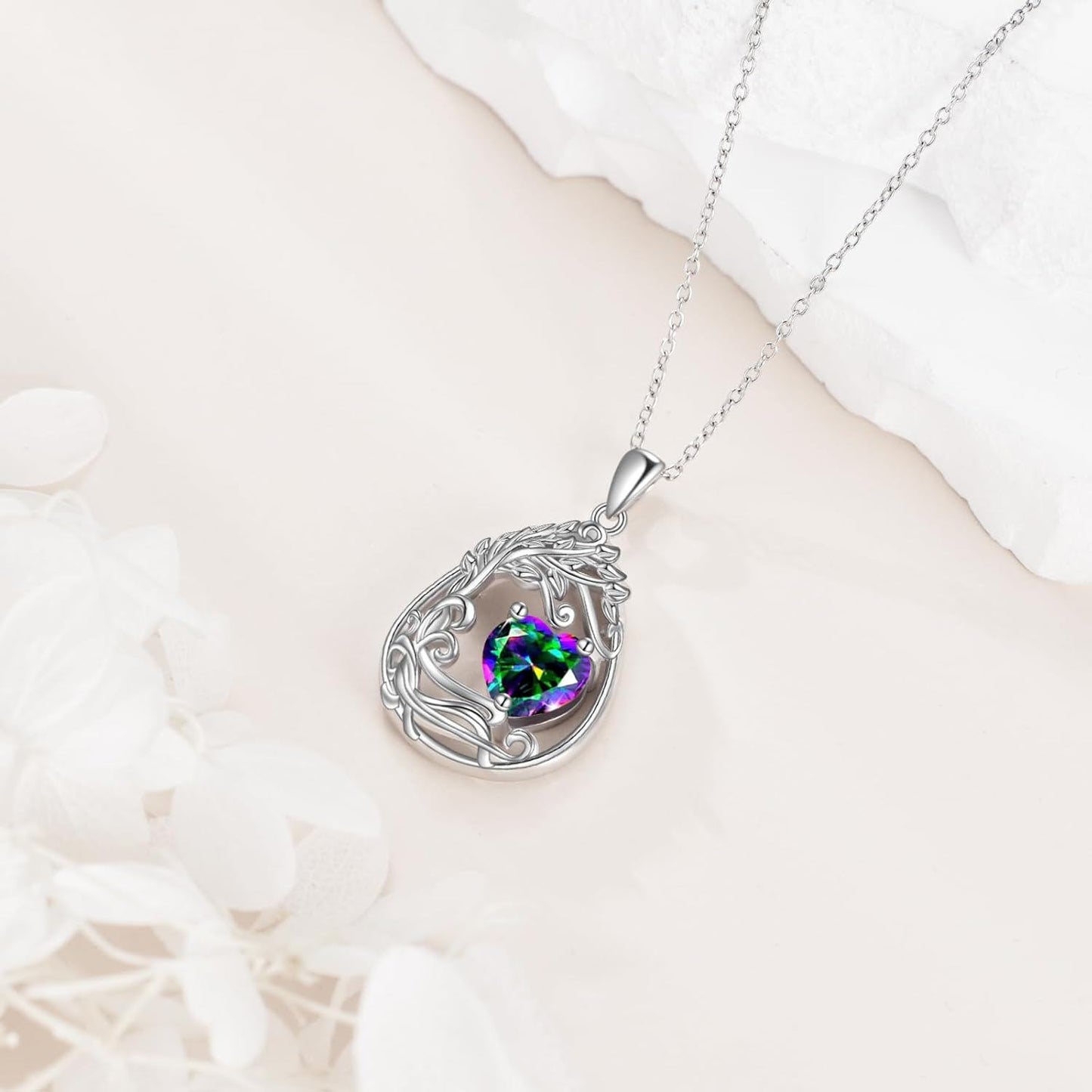 925 Silver Gold Plated Gemstone Tree Life Pendant Necklace