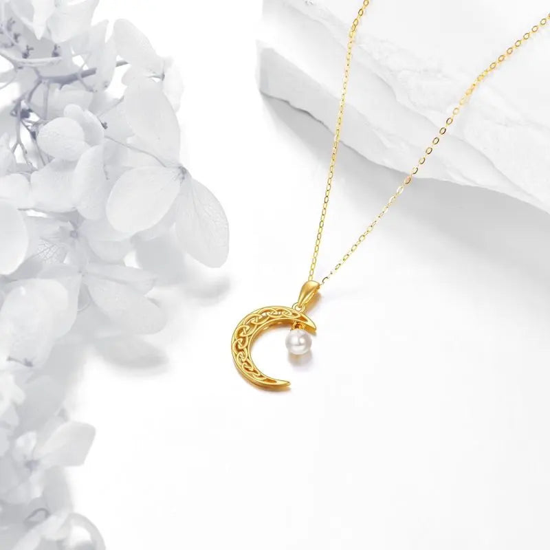 14K Gold Crescent Moon with Pearl Charm Pendant Necklace for Women
