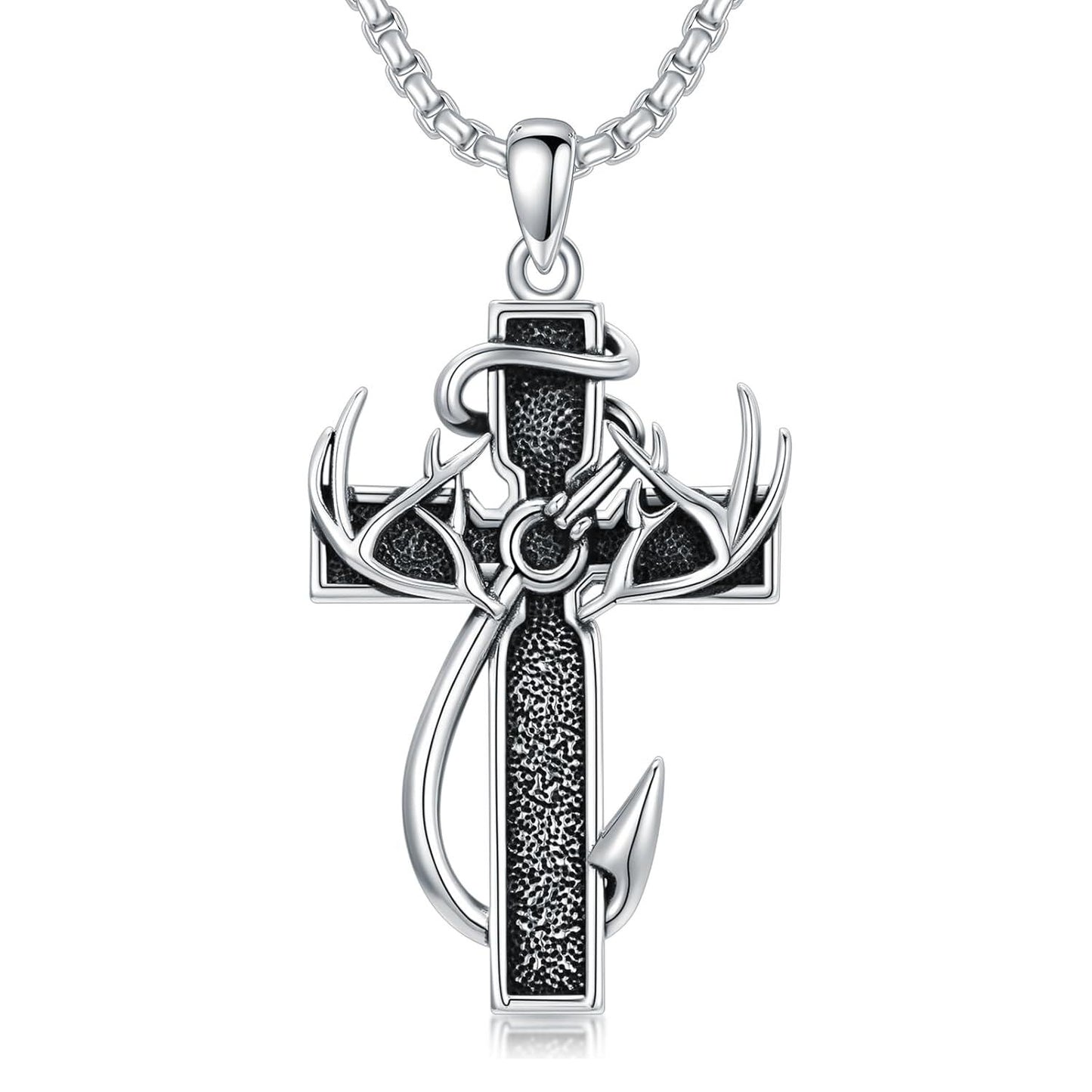 925 Silver Black Enamel Deer Antlers Cross Necklace Men