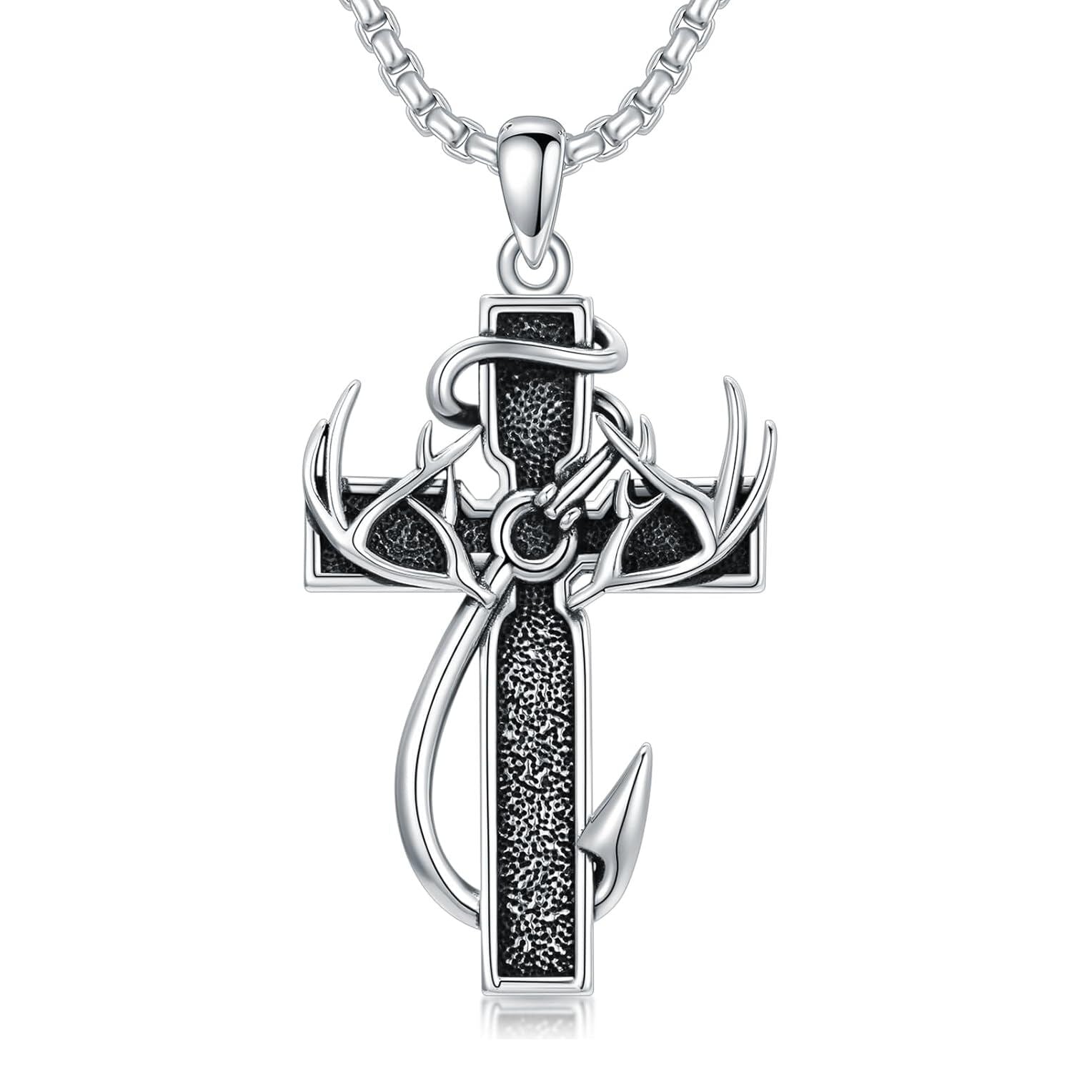 925 Silver Black Enamel Deer Antlers Cross Necklace Men