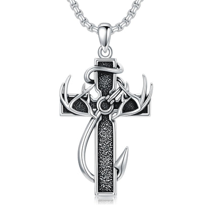 925 Silver Black Enamel Deer Antlers Cross Necklace Men
