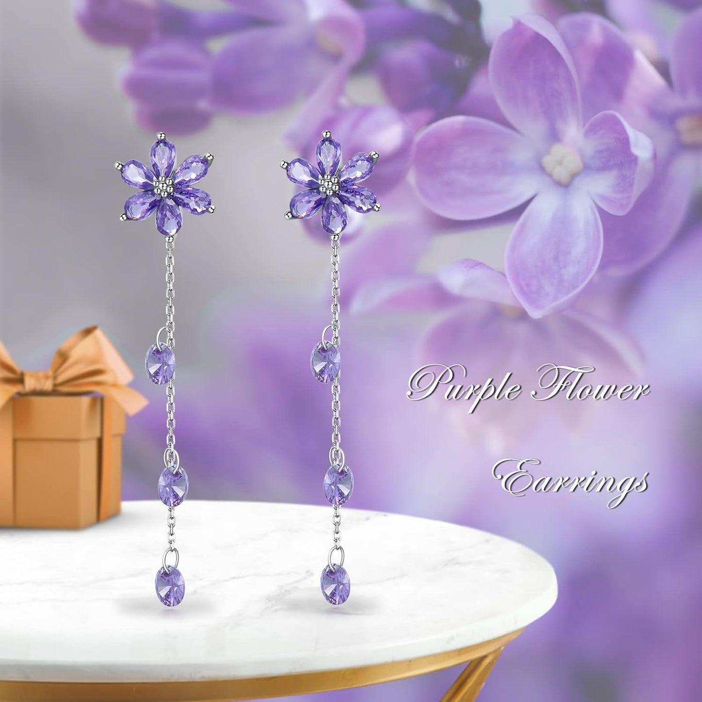 925 Silver Cubic Zirconia Drop Earrings Pink Flowers