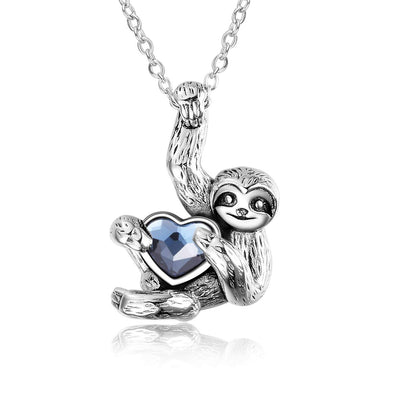 925 Silver Blue Crystal Heart Sloth Pendant Necklace