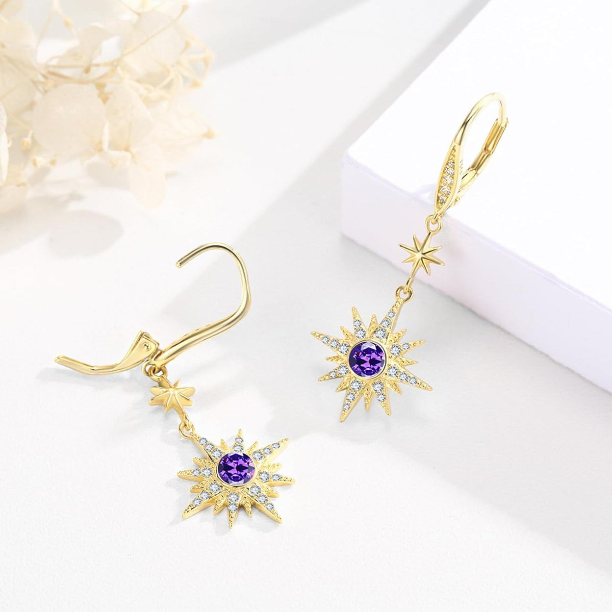 925 Sterling Silver Starburst Birthstone Drop Earrings