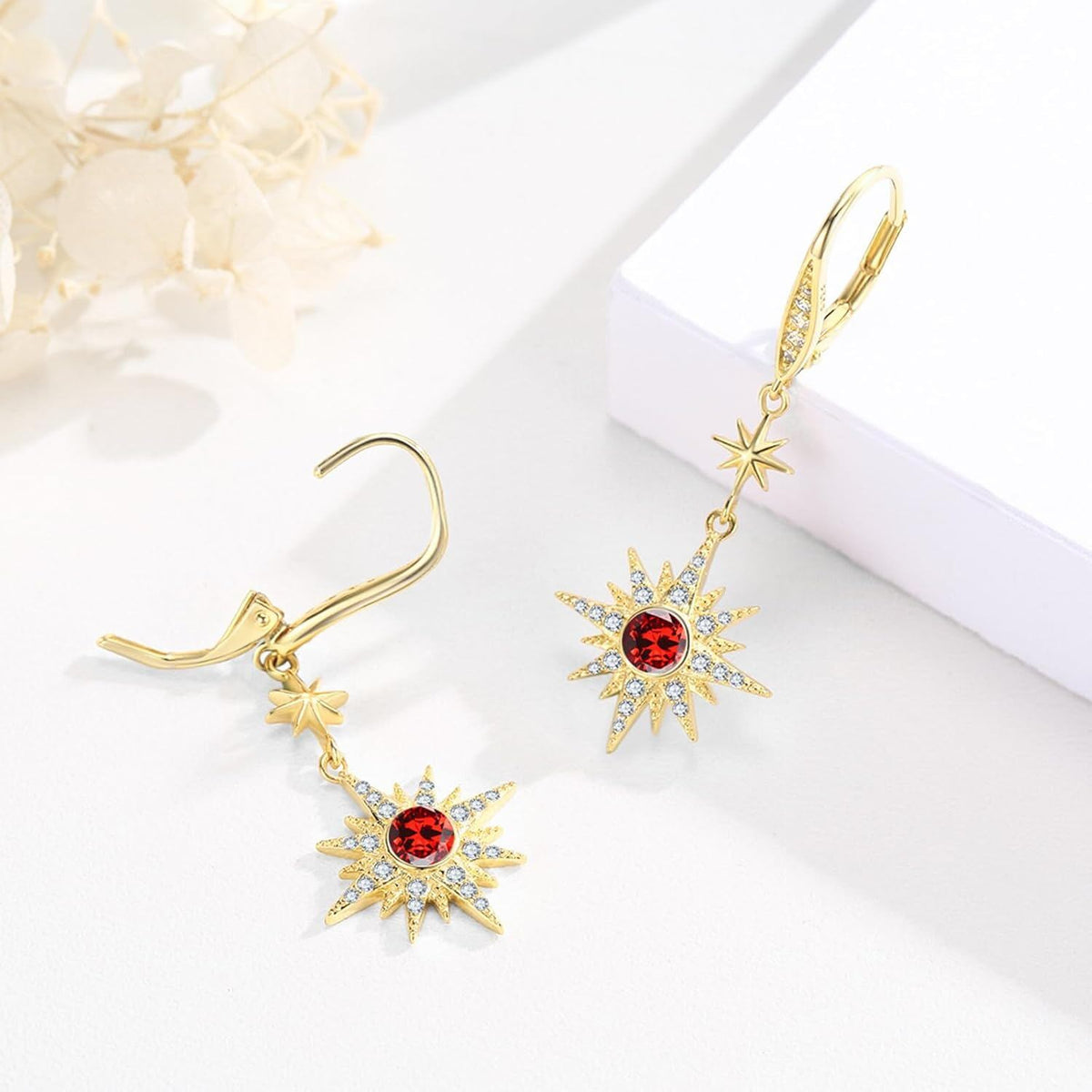 925 Sterling Silver Starburst Birthstone Drop Earrings