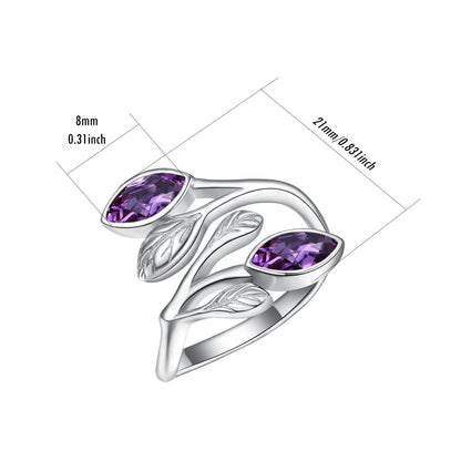 925 Sterling Silver Leaf Ring with Birthstone Adjustable Wrap Promise Engagement Wedding Rings for Women