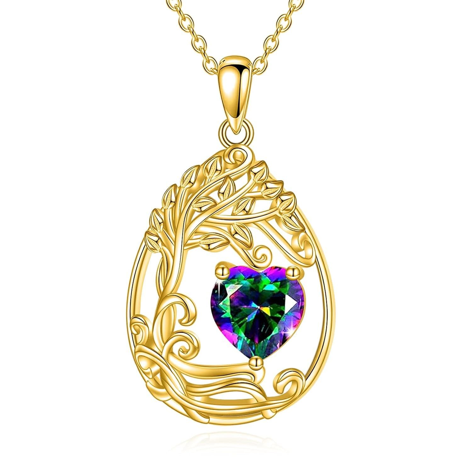 925 Silver Gold Plated Gemstone Tree Life Pendant Necklace