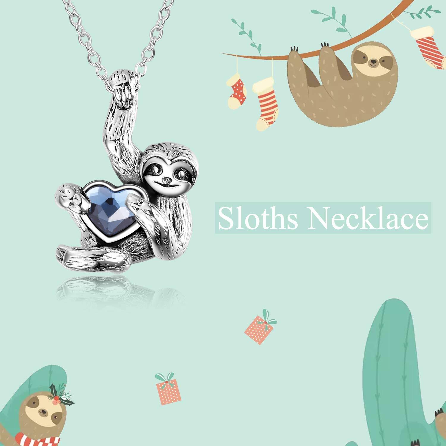 925 Silver Blue Crystal Heart Sloth Pendant Necklace
