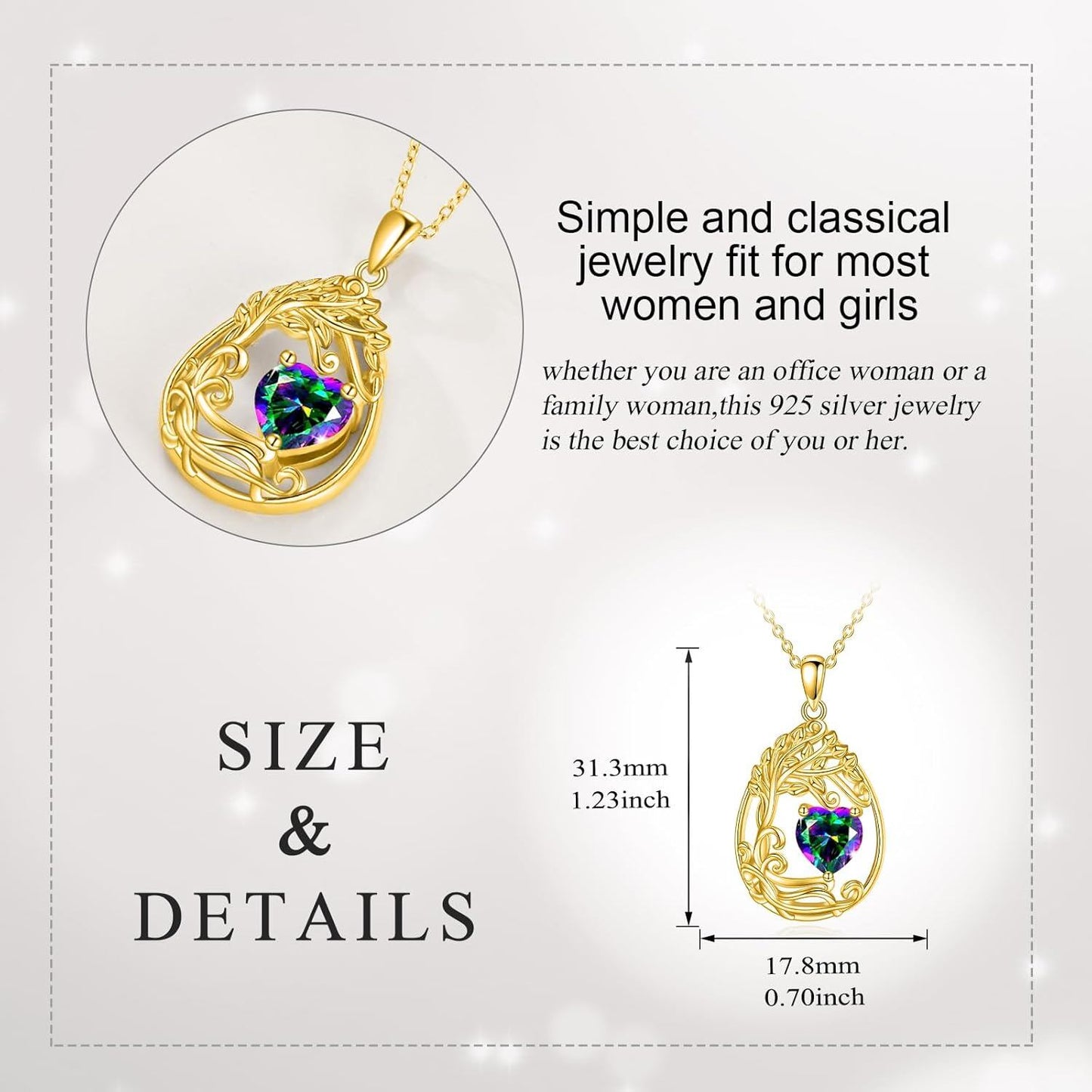925 Silver Gold Plated Gemstone Tree Life Pendant Necklace