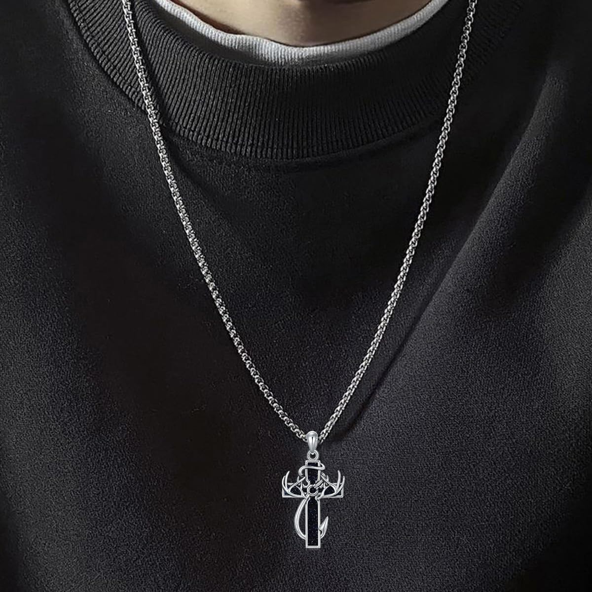 925 Silver Black Enamel Deer Antlers Cross Necklace Men