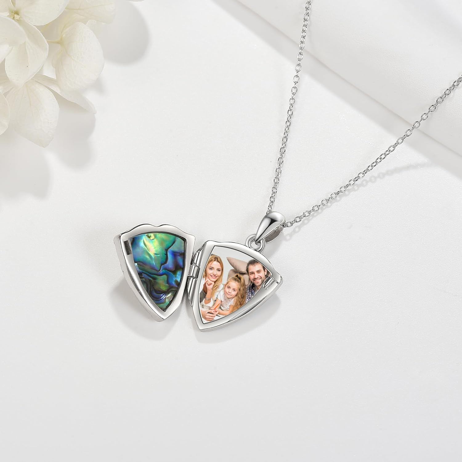 925 Silver Abalone Rose Photo Frame Pendant Necklace Women