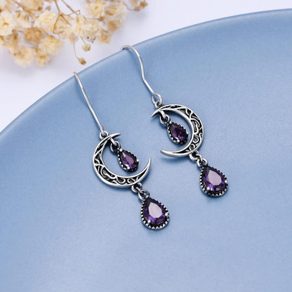 925 Sterling Silver Crescent Moon Purple Zircon Drop Earrings