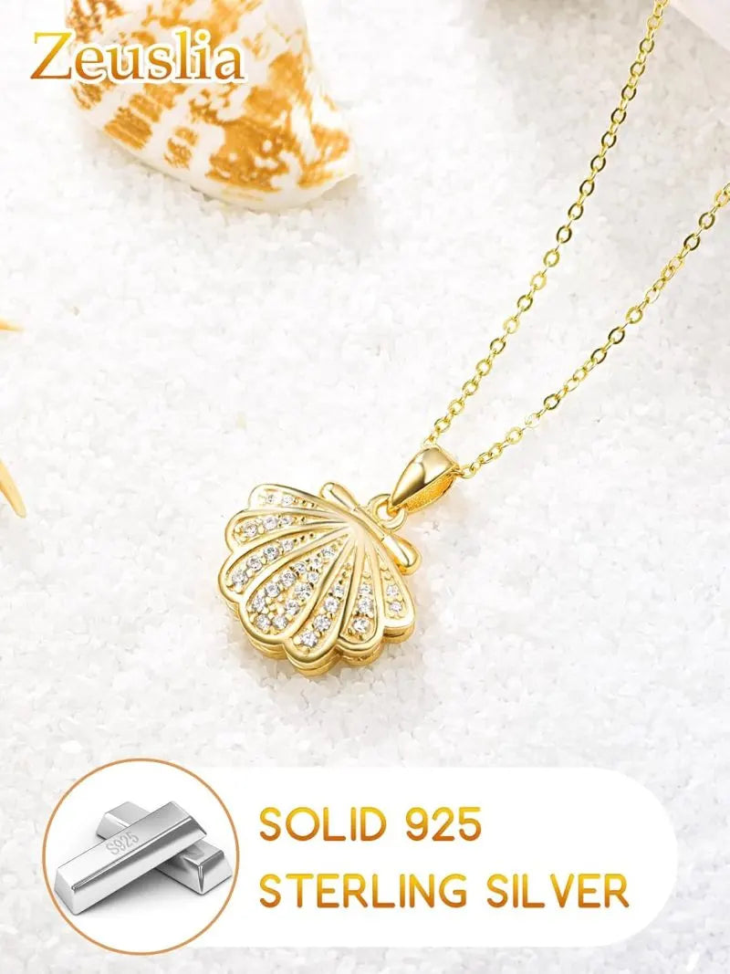 Gold Plated Shell Photo Frame Pendant Necklace for Women - 925 Sterling Silver Clasp and Cubic Zirconia Accents (18 + 2)