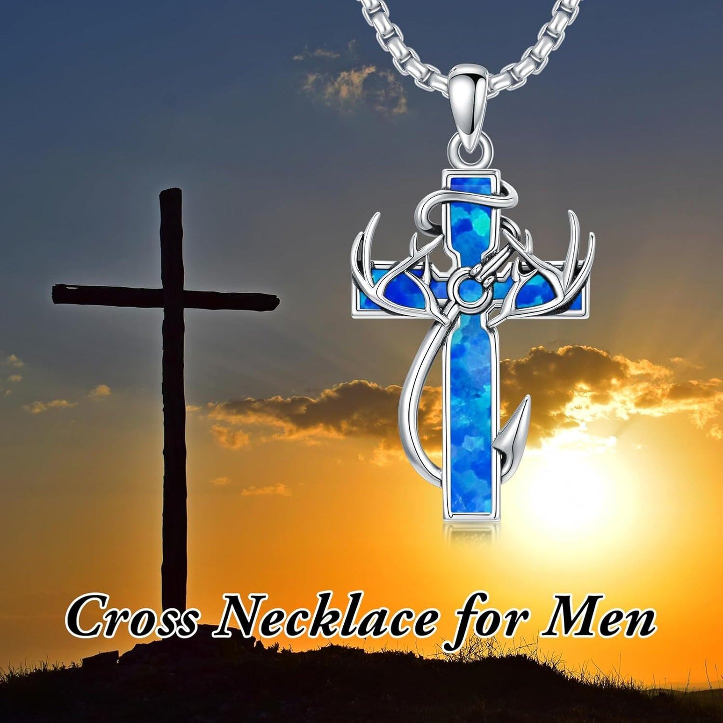 925 Silver Black Enamel Deer Antlers Cross Necklace Men