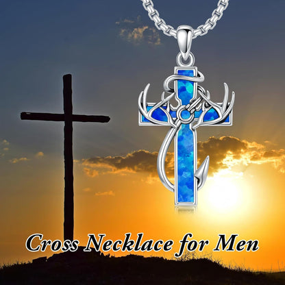 925 Silver Black Enamel Deer Antlers Cross Necklace Men