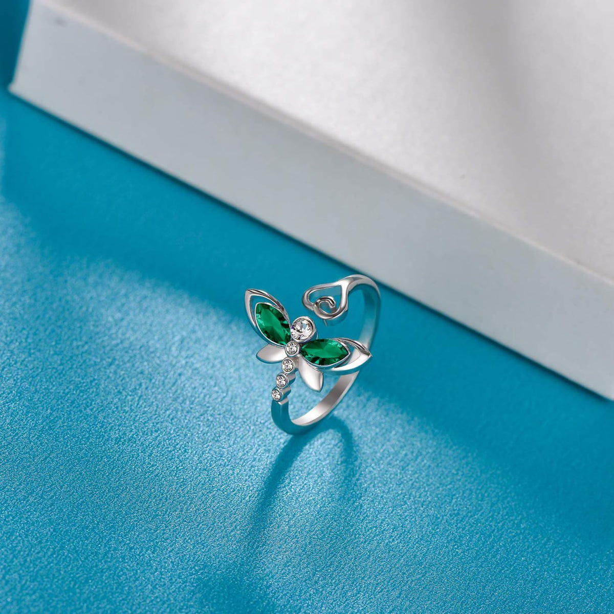 925 Sterling Silver Green Crystal Butterfly Ring