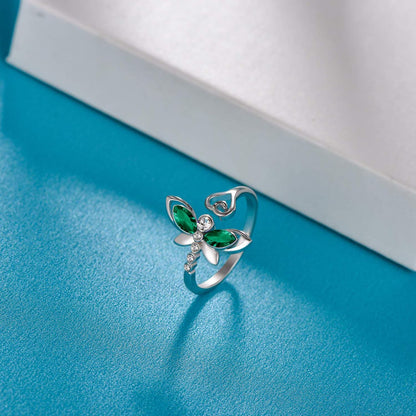 925 Sterling Silver Green Crystal Butterfly Ring