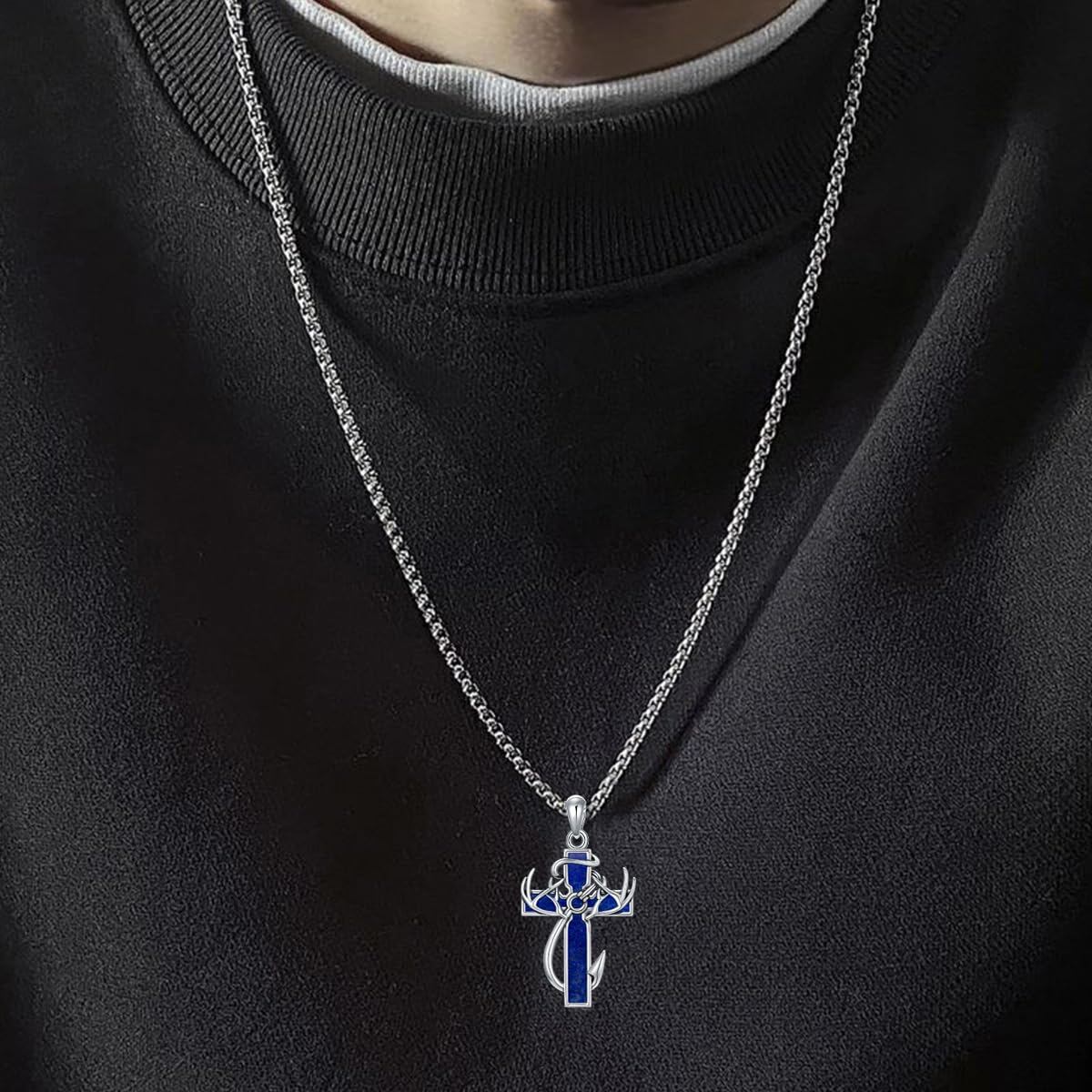 925 Silver Black Enamel Deer Antlers Cross Necklace Men
