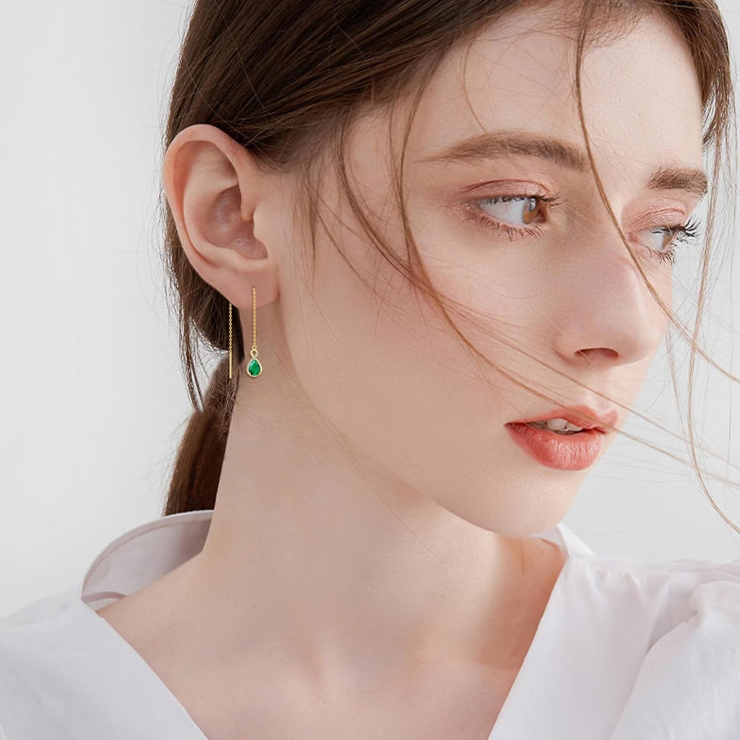 14K Gold Infinity Teardrop Emerald Threader Earrings Women