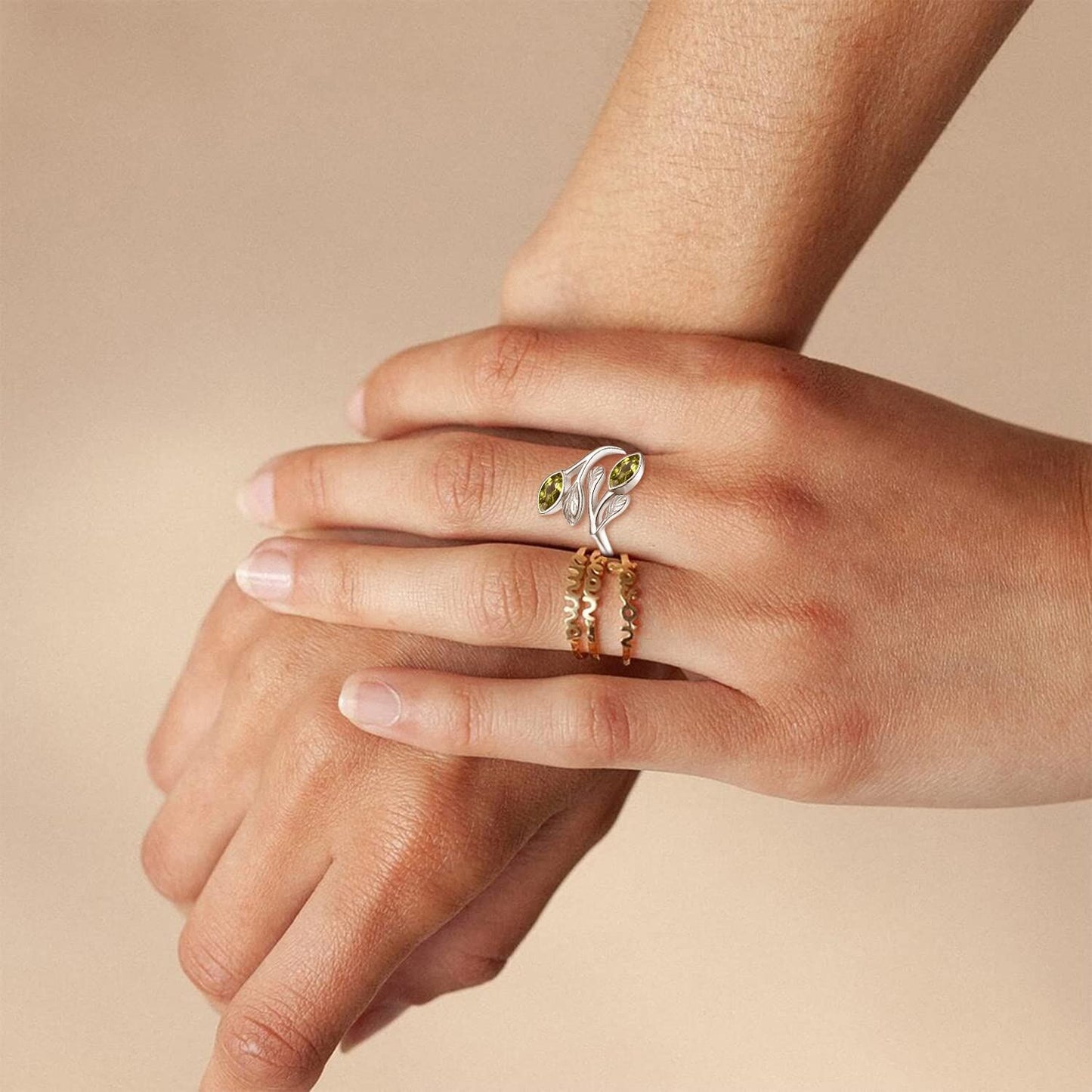 925 Sterling Silver Leaf Ring with Birthstone Adjustable Wrap Promise Engagement Wedding Rings for Women