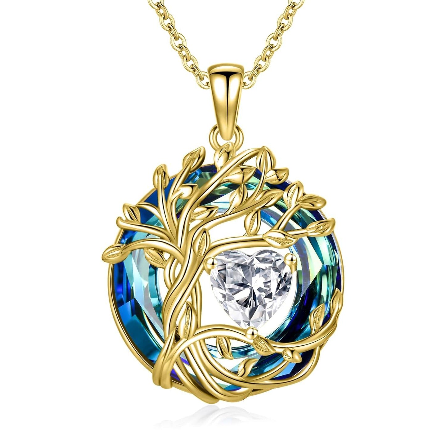 925 Sterling Silver Tree of Life Birthstone Necklace with Blue Crystal and Opal Heart Pendant