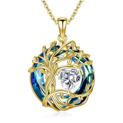 925 Sterling Silver Tree of Life Birthstone Necklace with Blue Crystal and Opal Heart Pendant
