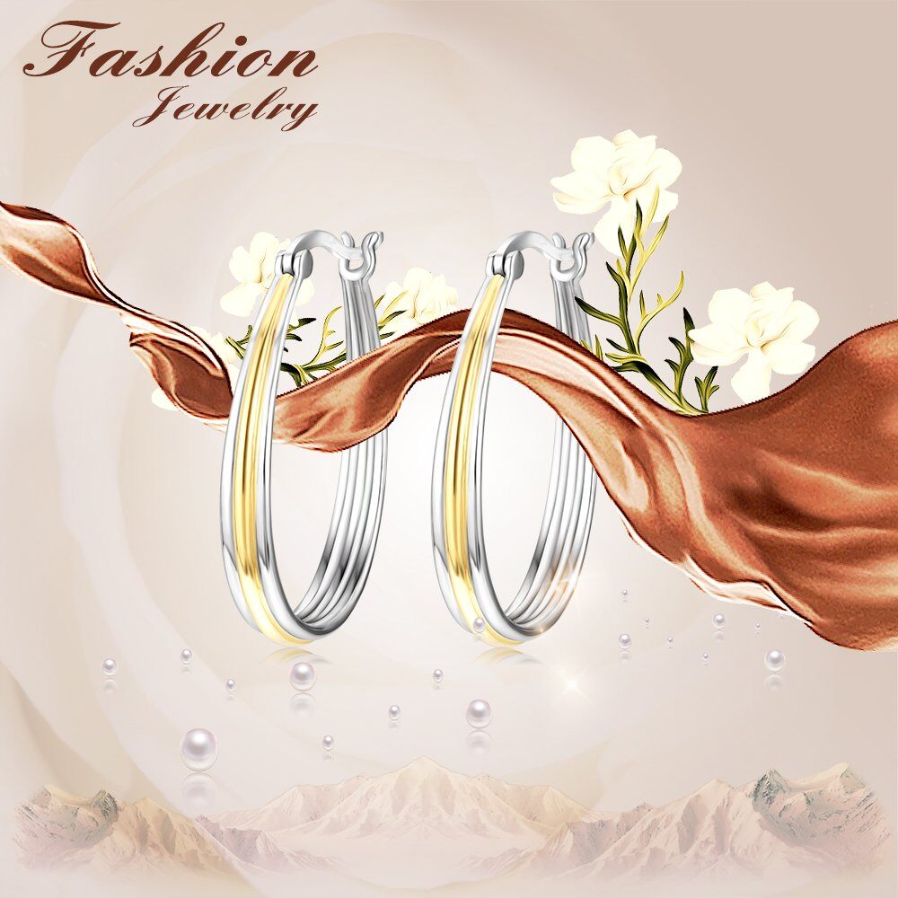 925 Sterling Silver Gold Plated Oval Grooved Hoop Earrings for Women