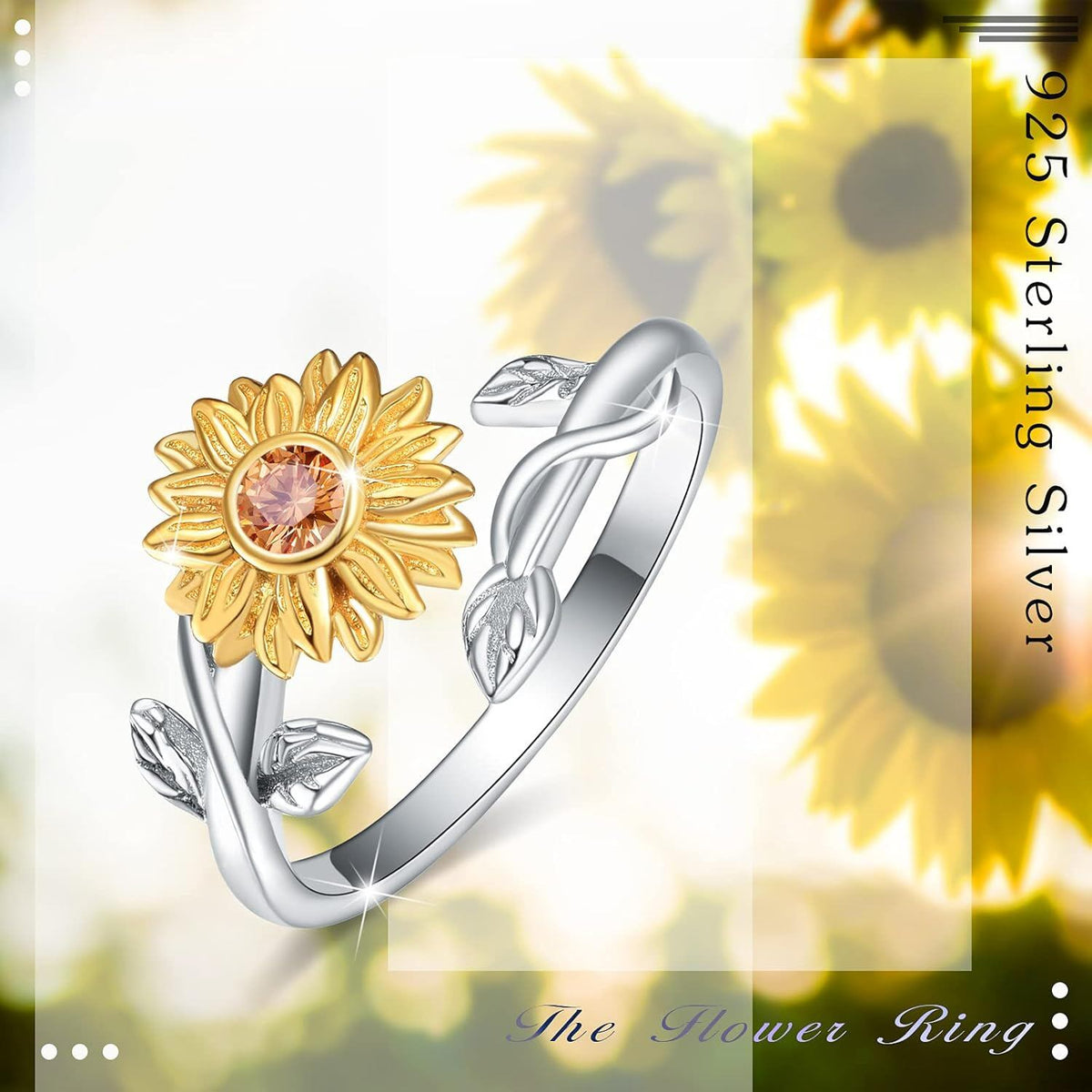 925 Sterling Silver Two-Tone Sunflower Adjustable Ring