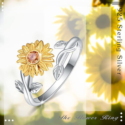925 Sterling Silver Two-Tone Sunflower Adjustable Ring