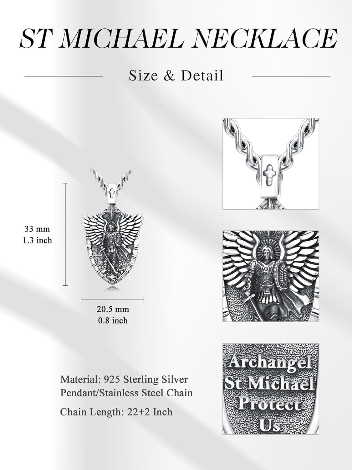 925 Silver St Michael Shield Pendant Necklace Men Women Gold